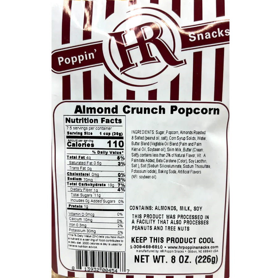 Almond Crunch Popcorn in an 8 oz bag by HR Poppin' Snacks, featuring crunchy almonds and golden popcorn pieces.