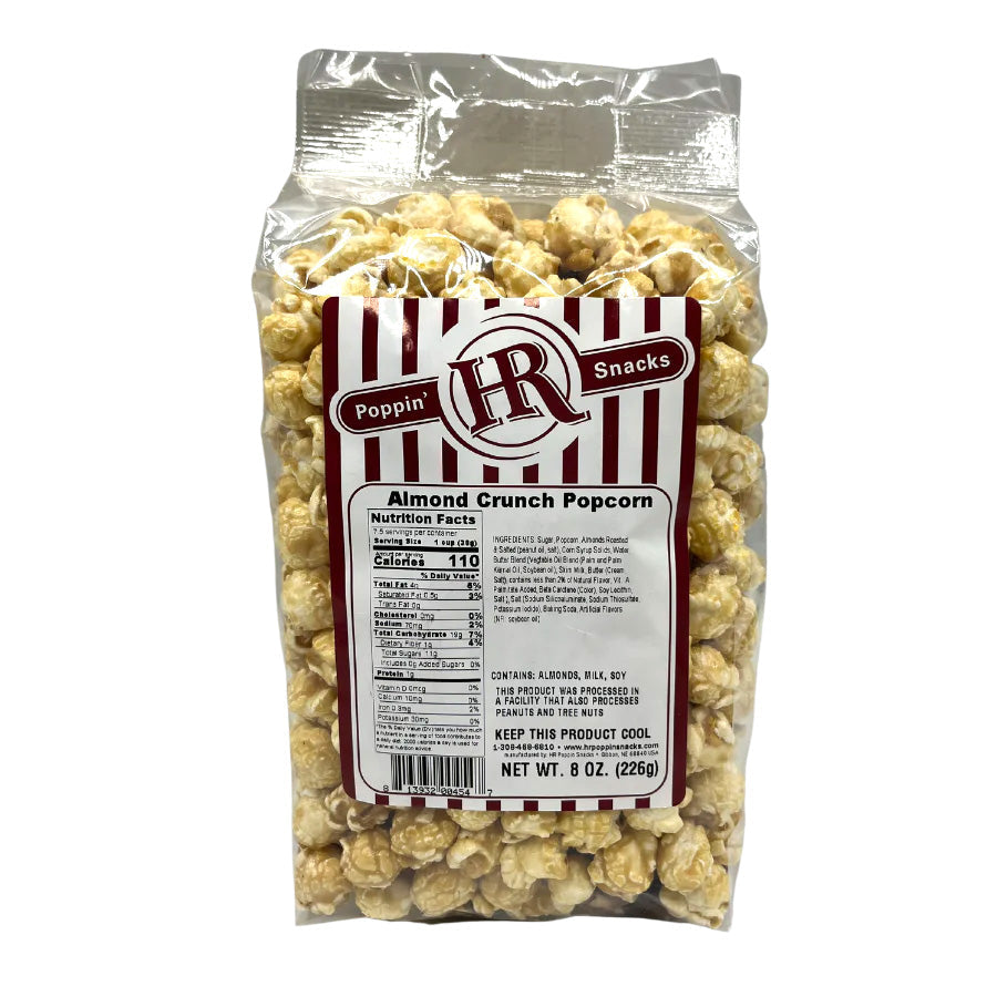 Almond Crunch Popcorn in an 8 oz bag from HR Poppin' Snacks, featuring crispy popcorn with almonds in a colorful package.