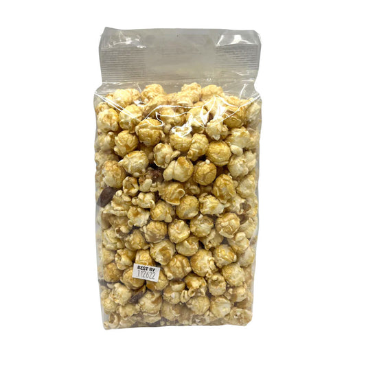 Almond Crunch Popcorn in an 8 oz bag from HR Poppin' Snacks, showing golden popcorn with almond pieces on the packaging