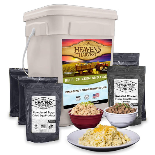 Heaven's Harvest breakfast and entree protein combo kit with 308 servings, designed for emergency survival food supply for one person.