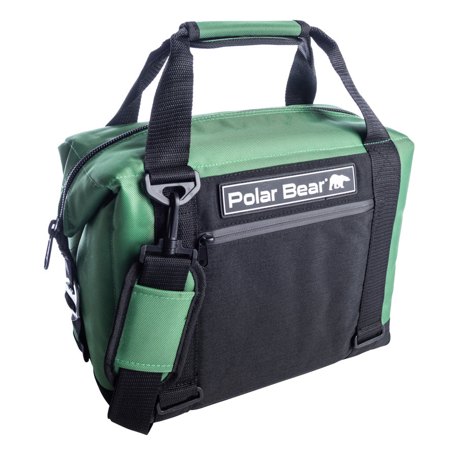12-pack Polar Bear Coolers nylon soft coolers, shown with the coolers open and packed with drinks and snacks.