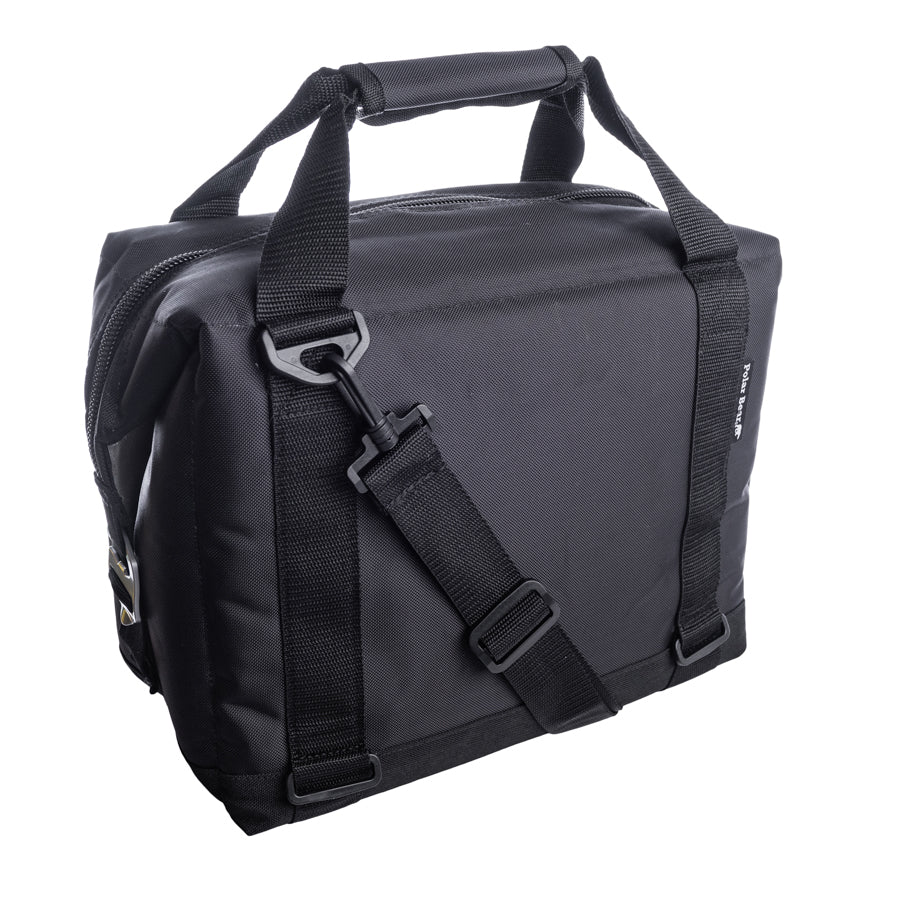 12-pack Polar Bear Coolers nylon soft cooler with insulated design, featuring multiple compartments and a shoulder strap for easy carrying.