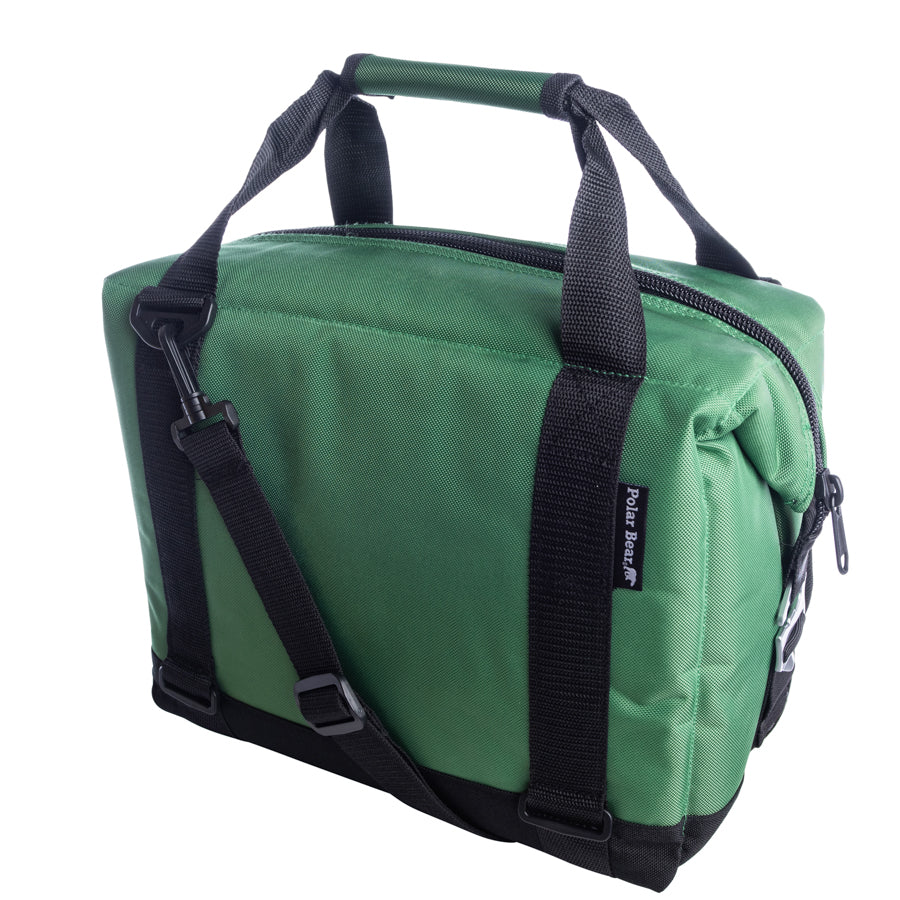 12-pack Polar Bear Coolers nylon soft cooler with multiple compartments, showing its portable and durable design.