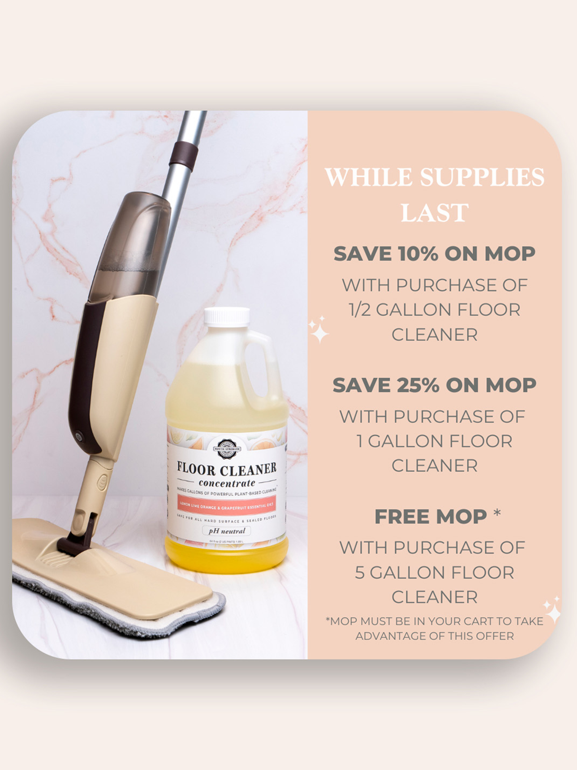 Rustic Strength lavender and lemon floor cleaner concentrate in a bottle, ready for mopping and deep cleaning floors.