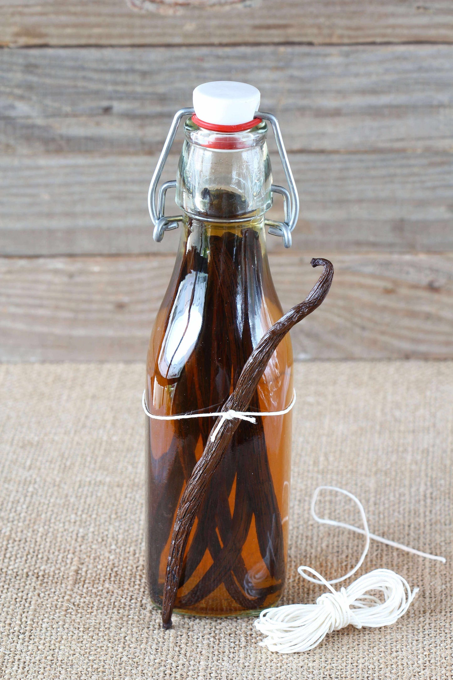 Homemade vanilla extract kit with whole organic Madagascar vanilla beans in a jar from Vanilla Bean Kings.