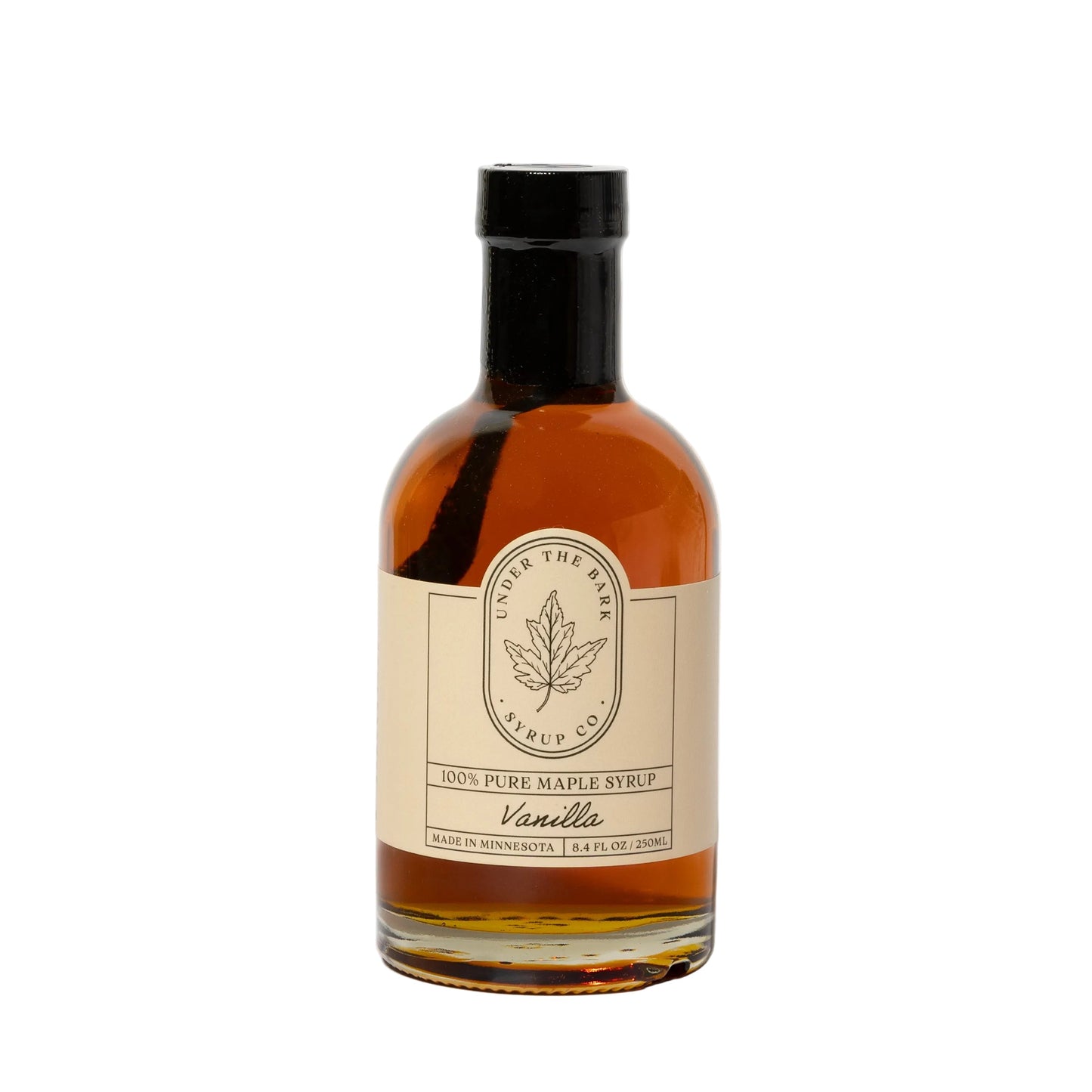 8oz bottle of Vanilla Maple Syrup by Under The Bark Syrup Co, featuring a clear glass bottle with vanilla and maple syrup inside.