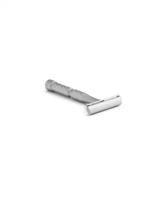 Blackland Razors Vector safety razor with polished metal handle and dual blade head for a close, smooth shave.