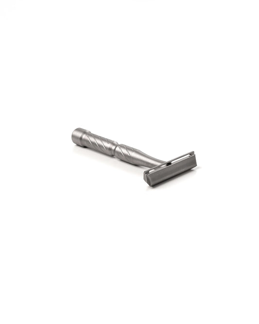 Blackland Razors Vector Titanium safety razor with a sleek design and matte finish, shown from a side angle.