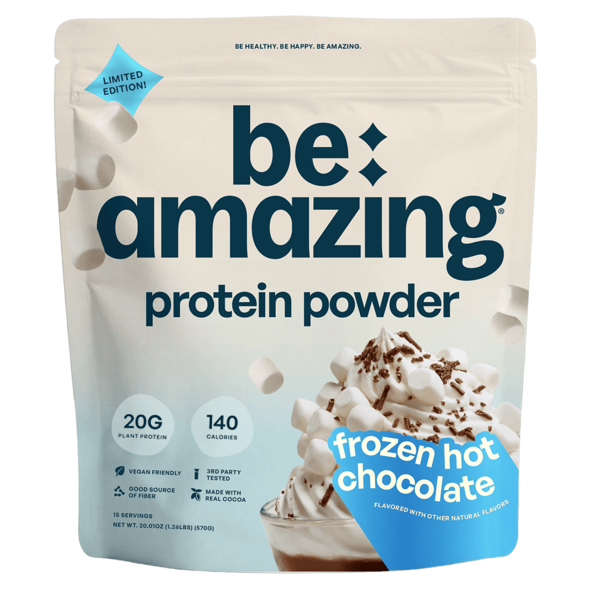 Be Amazing vegan protein powder in a frozen hot chocolate flavor, shown in a container with a scoop of powder and hot chocolate drink