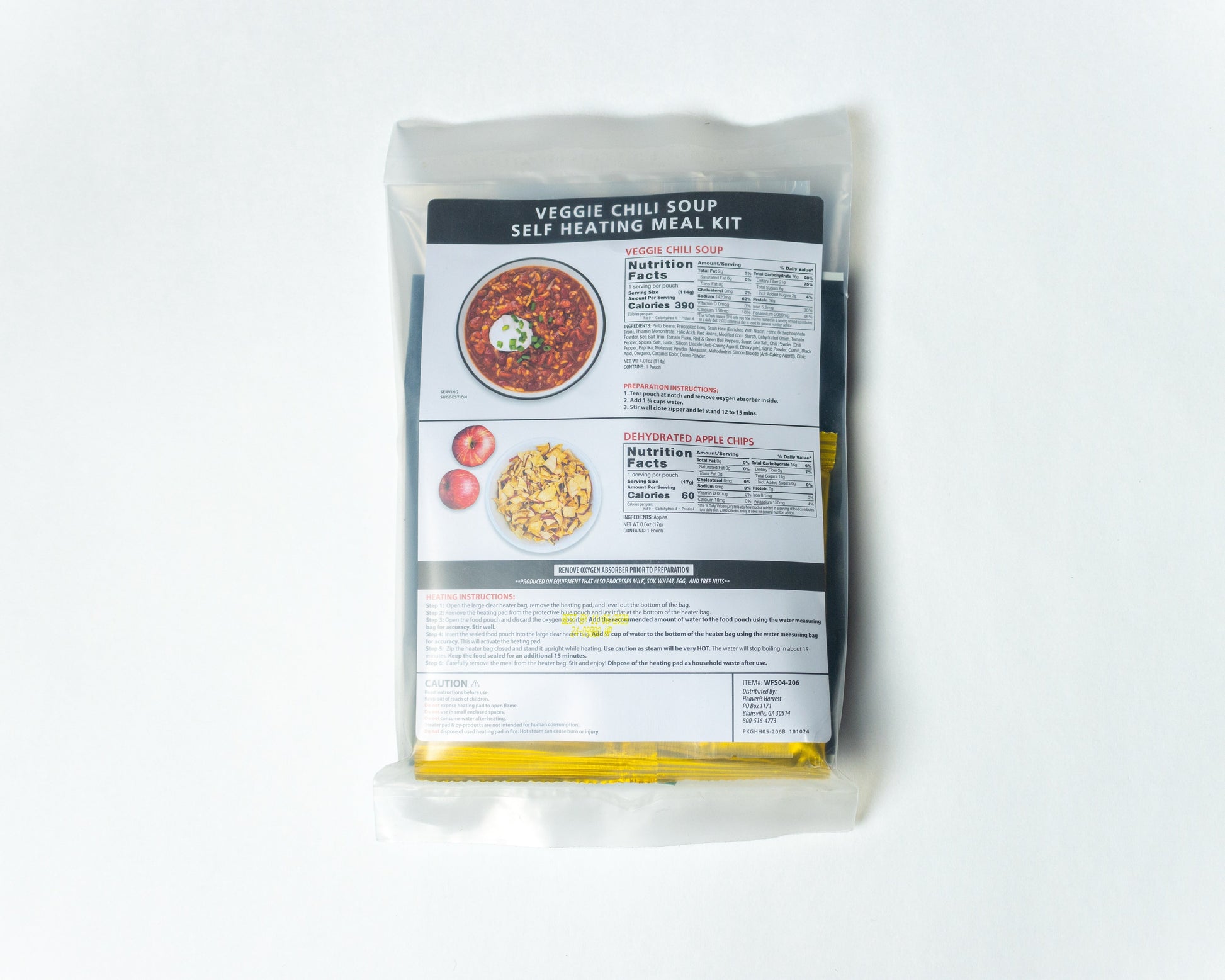Self-heating veggie chili soup meal kit by Heaven's Harvest, freeze-dried food with colorful dried vegetables and packaging.