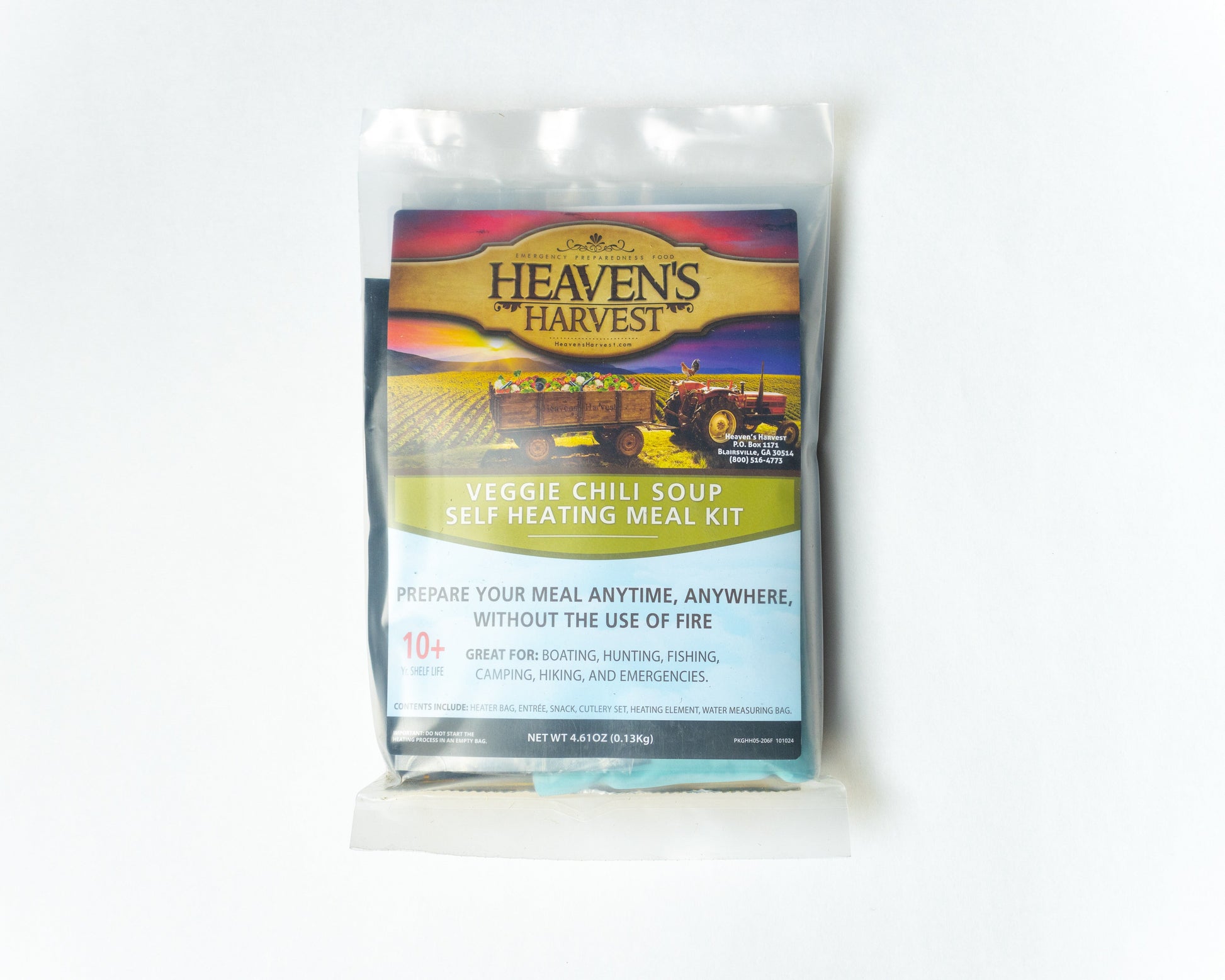 Heaven's Harvest self-heating veggie chili soup meal kit with freeze-dried vegetables and chili in a compact package on a white background.