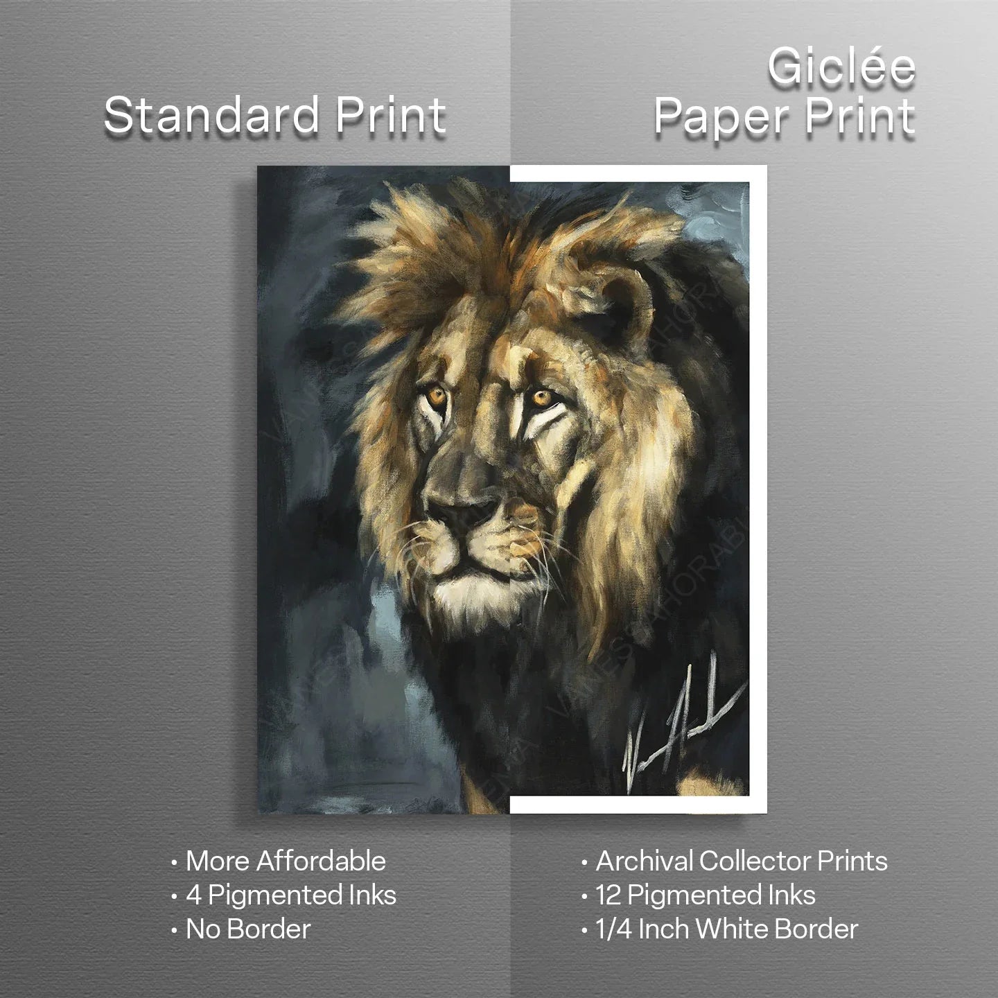 Lion art print titled "Walking in the Authority of the King" by Vanessa Horabuena, featuring a regal lion walking confidently.