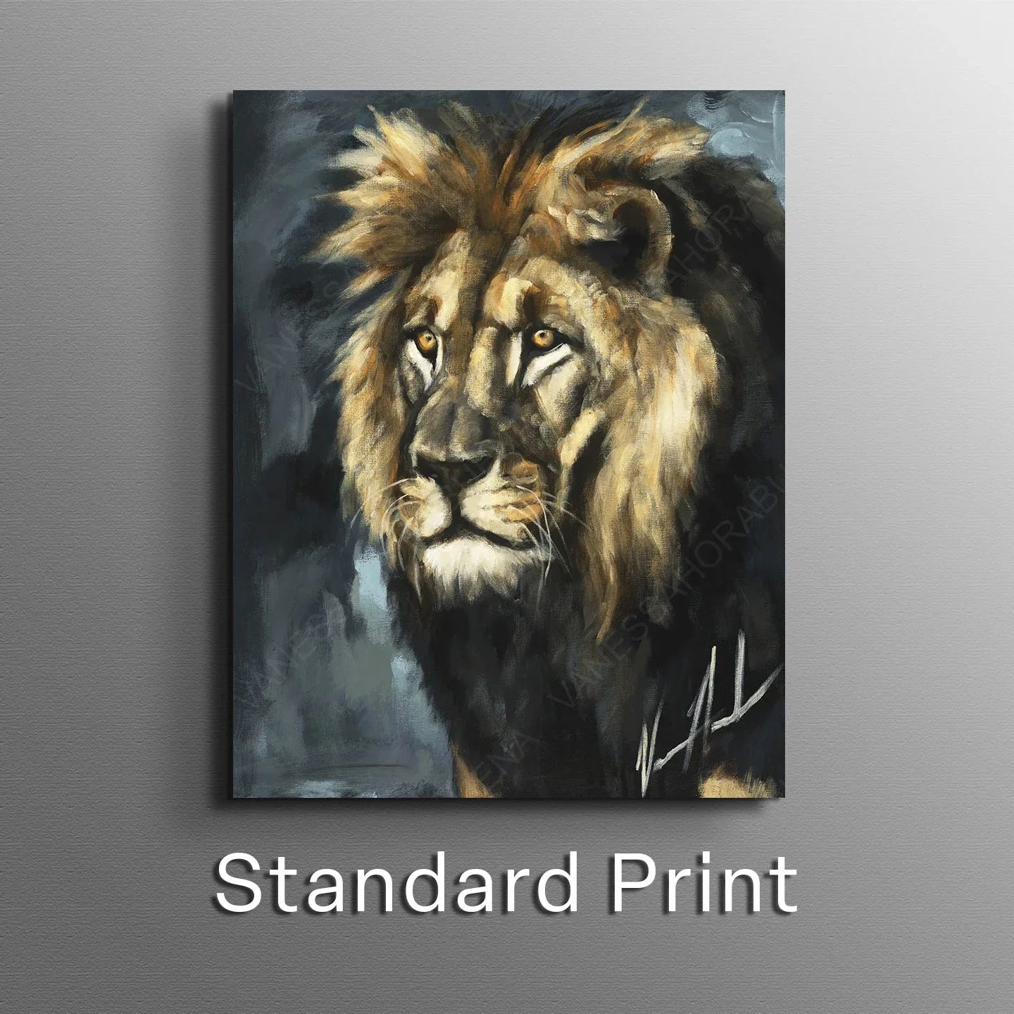 Lion art print titled "Walking in the Authority of the King" by Vanessa Horabuena, featuring a majestic lion illustration.