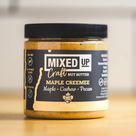 Creamy Maple Creemee nut butter by Mixed Up Foods, featuring Vermont maple, cashews, pecans, and vanilla bean in an 8 oz jar.