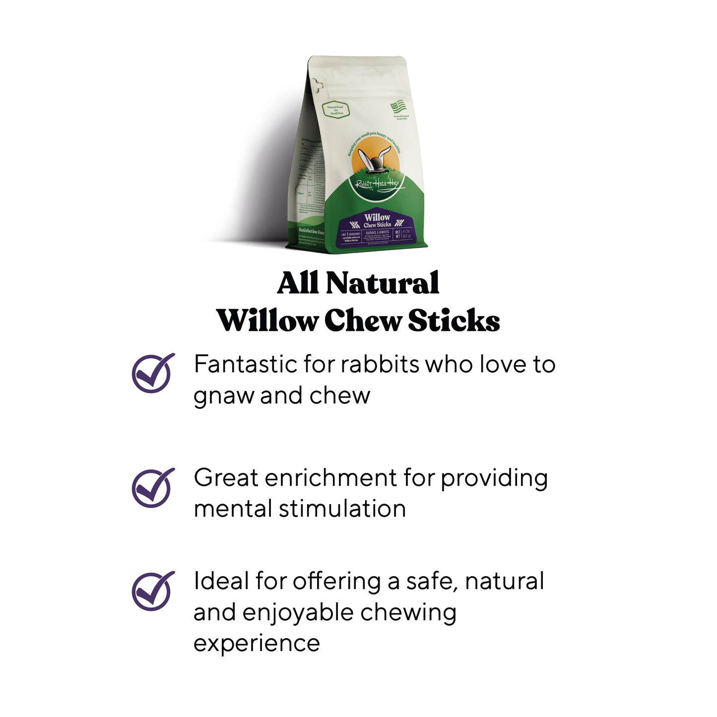Natural willow chew sticks for rabbits, Rabbit Hole Hay brand, ideal for chewing toys and promoting dental health.