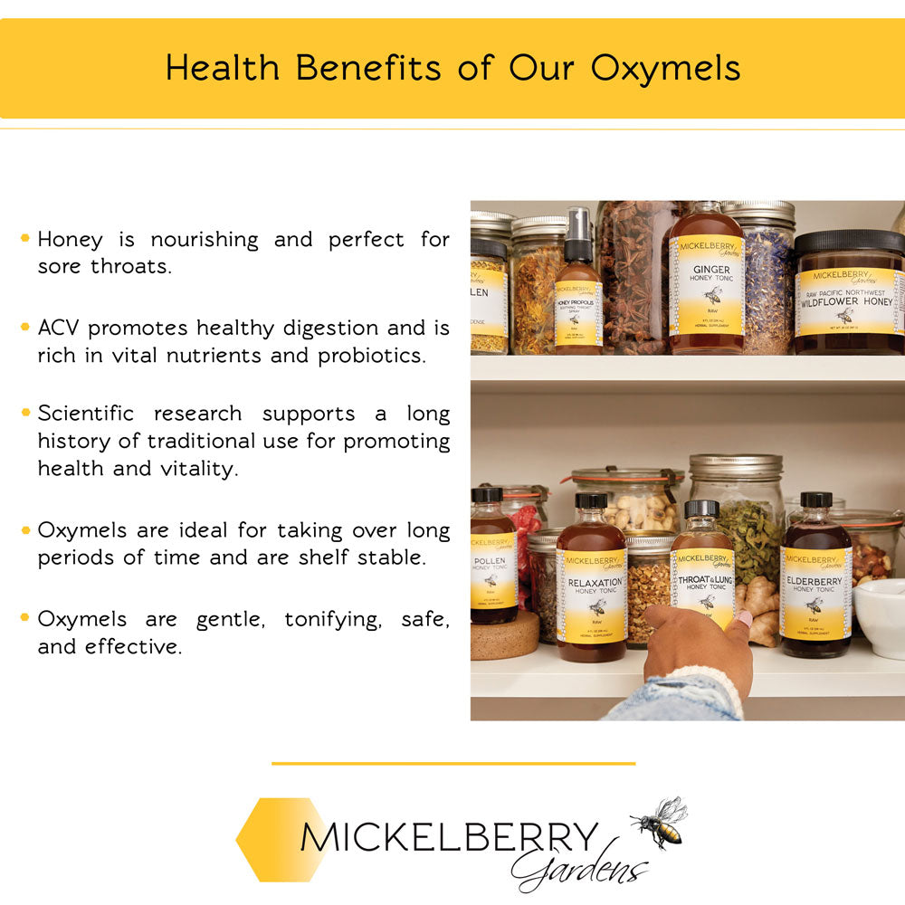 Mickelberry Gardens Throat and Lung Honey Tonic bottle with honey and herbal ingredients on a wooden surface.
