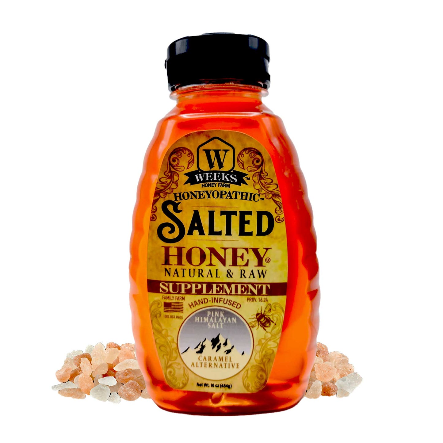 Bottle of Weeks Honey Farm honeyopathic salted honey supplements for health and wellness, with a clear label and honey drizzled on the packaging