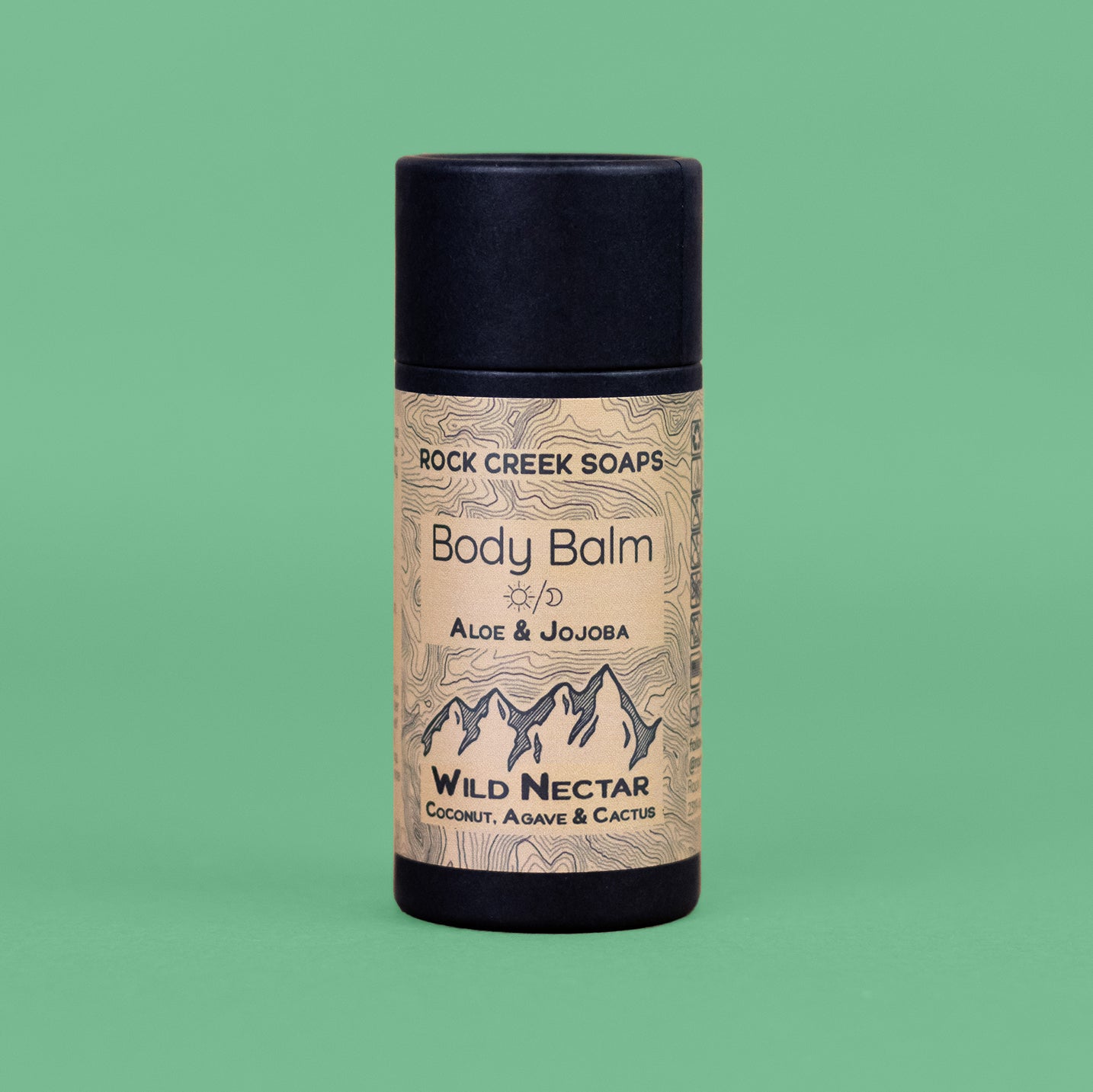 Wild Nectar Body Balm by Rock Creek Soaps, a solid lotion bar with blue agave, coconut, cactus, and citrus in a vibrant container.
