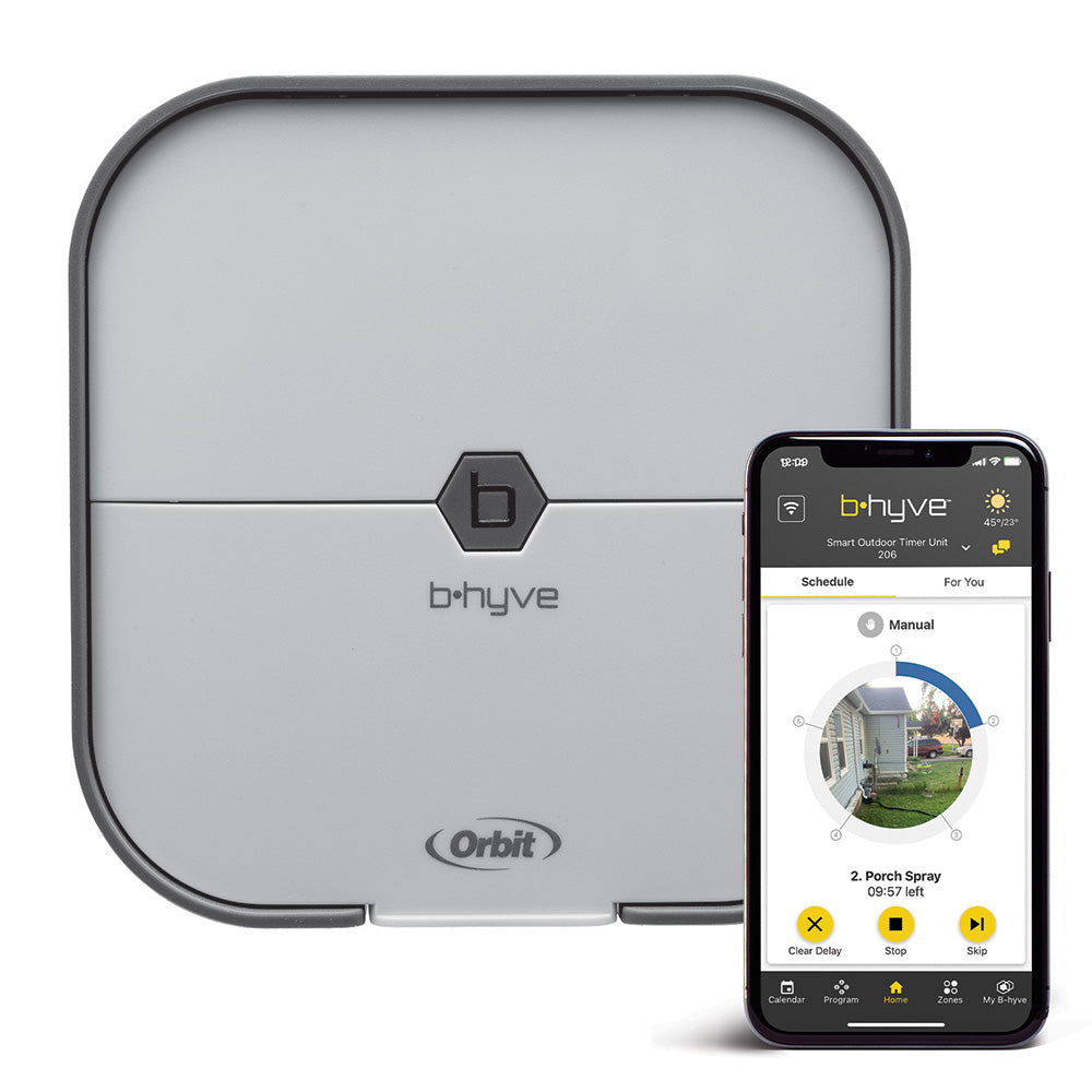 Orbit Irrigation B-hyve Smart Indoor Irrigation Controller mounted on a wall with smartphone app interface visible.