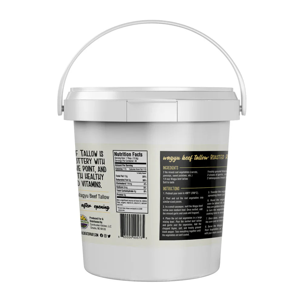 Rendered Wagyu beef tallow in a 1.5 lb package from Cornhusker Kitchen, displayed in a clear container.