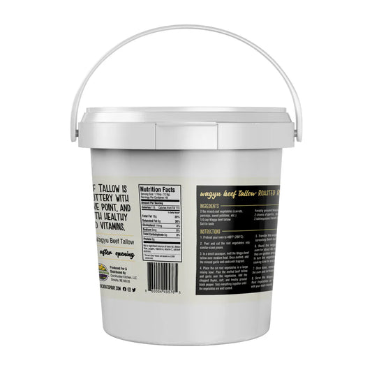 Rendered Wagyu beef tallow in a 1.5 lb package from Cornhusker Kitchen, displayed in a clear container.