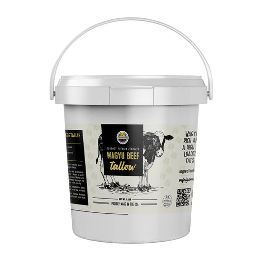 Front view of 1.5 lb packaged Wagyu beef tallow from Cornhusker Kitchen, showcasing rich, golden-rendered fat in a clear container.