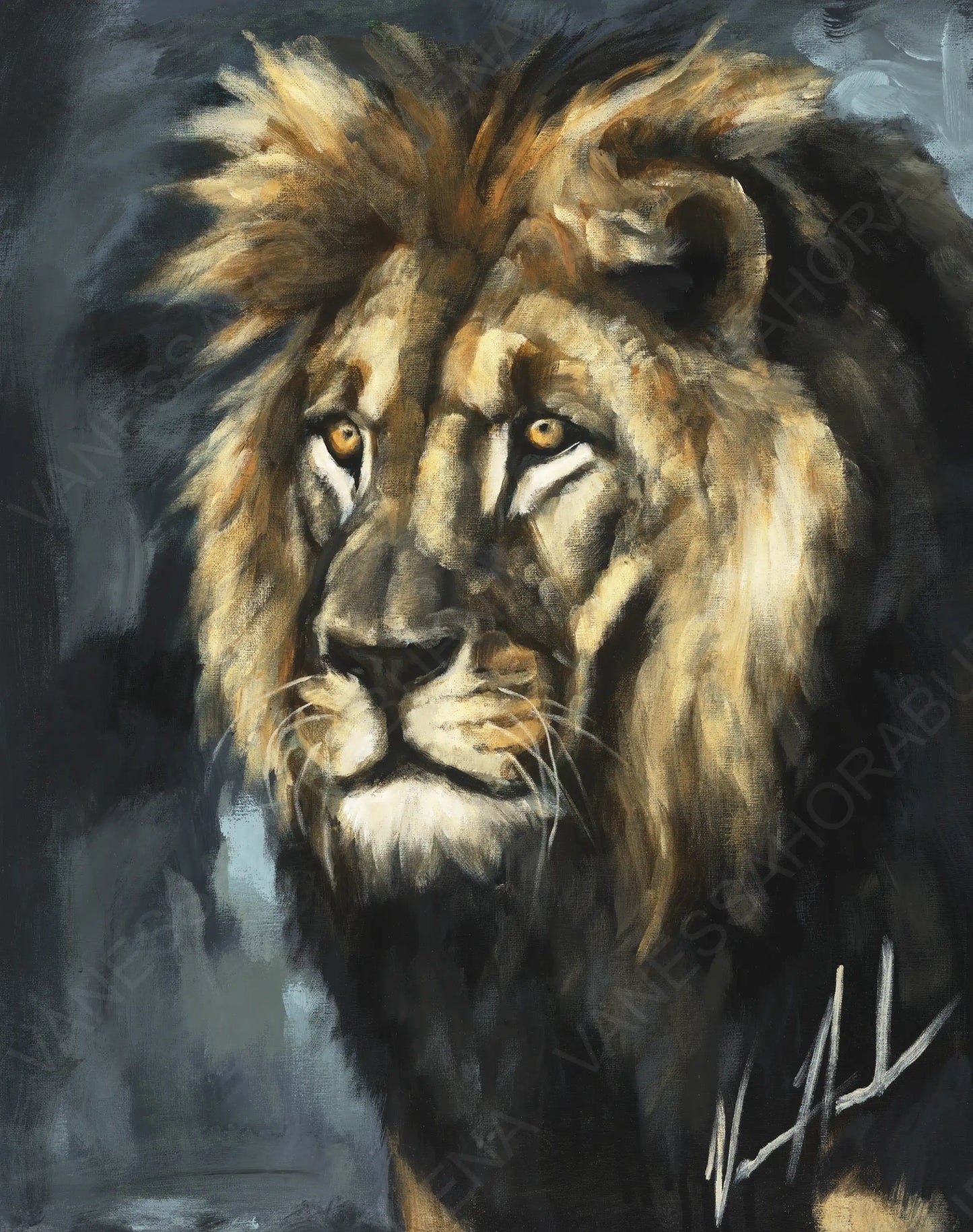 Lion art print titled "Walking in the Authority of the King" by Vanessa Horabuena, featuring a regal lion illustration.