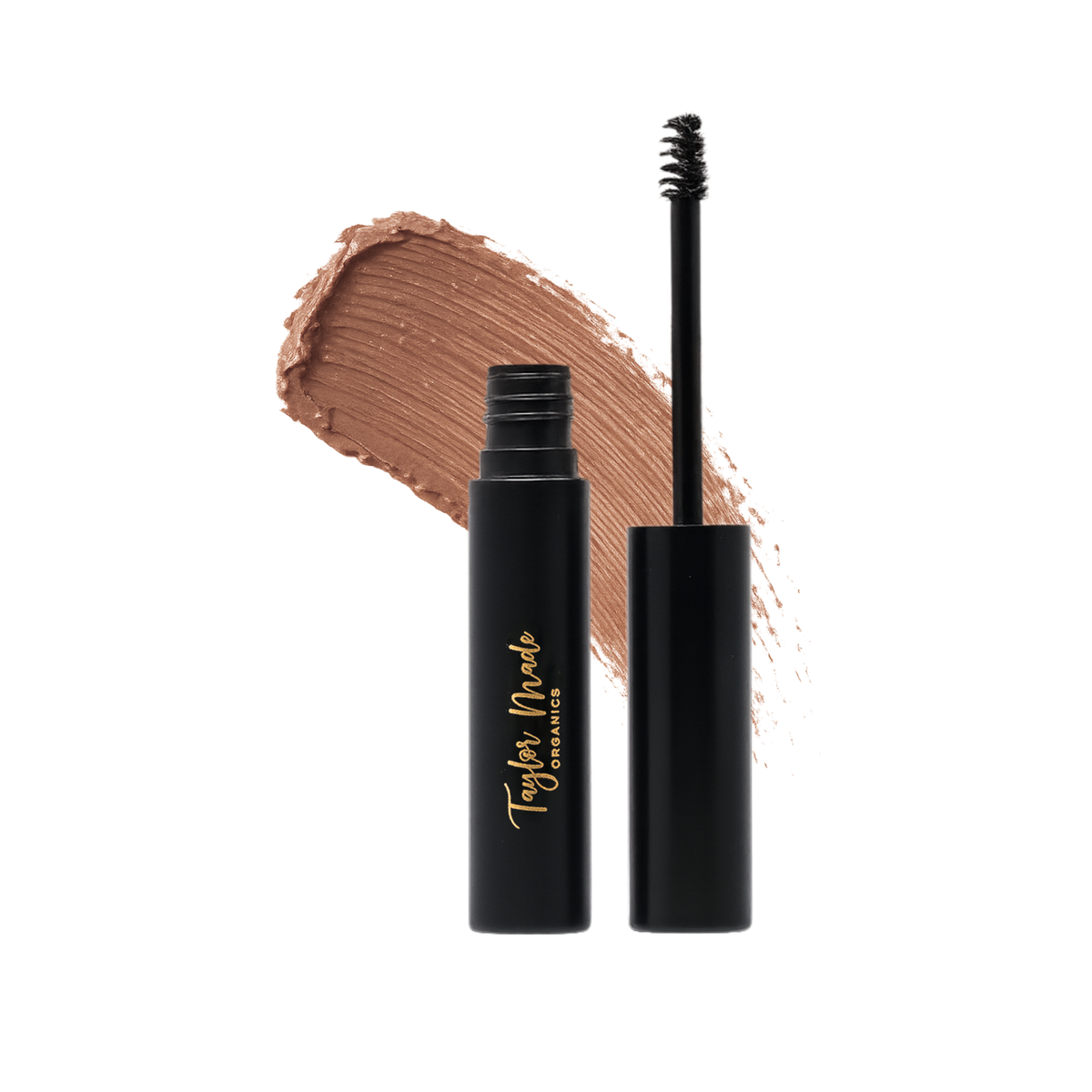 Warm brown Taylor Made Organics brow gel smear showing tinted and tamed brows with natural hair finish.