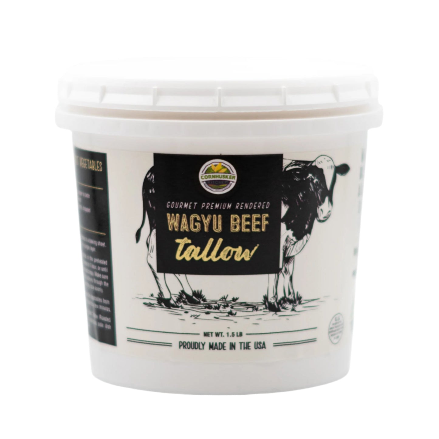 Rendered Wagyu beef tallow from Cornhusker Kitchen, 1.5 lb, showing golden, solid beef fat in a natural state.