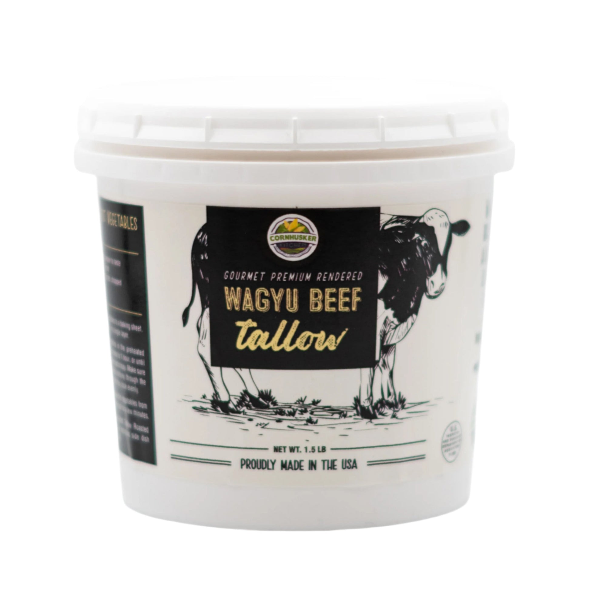 Rendered Wagyu beef tallow from Cornhusker Kitchen, 1.5 lb, showing golden, solid beef fat in a natural state.