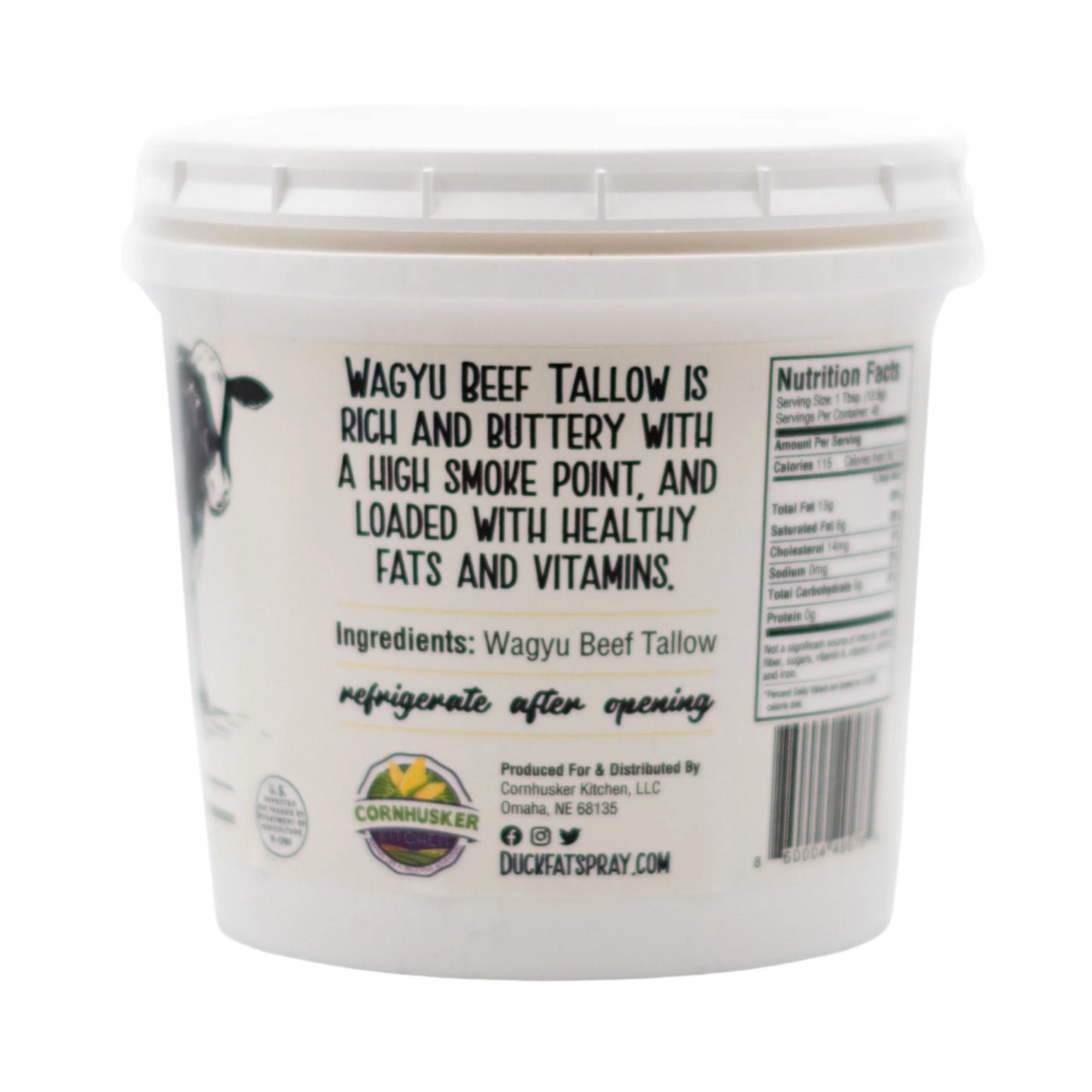 Rendered Wagyu beef tallow in a 1.5 lb package from Cornhusker Kitchen, shown in a clear container on a wooden surface.