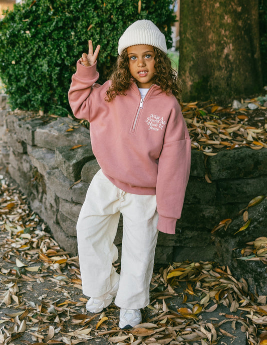 Kids jacket by Elevated Faith featuring a half-zip design with "What a Friend in Jesus" print, suitable for children.
