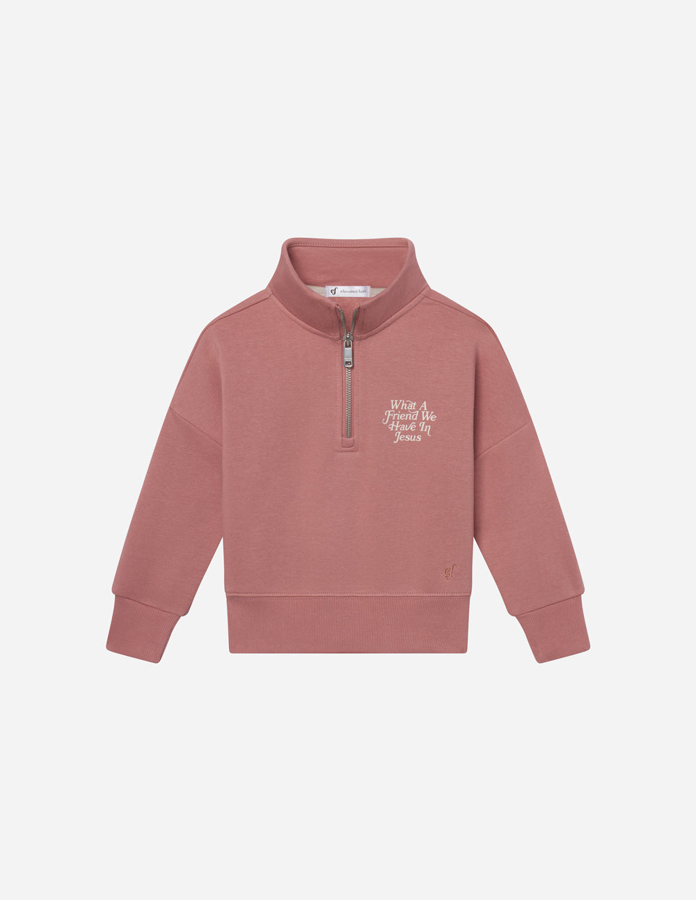 Kids jacket by Elevated Faith featuring a half-zip design with a "What a Friend in Jesus" graphic on the front.