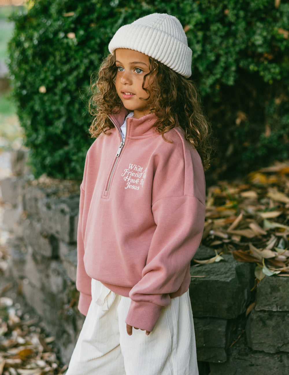 Kids Jesus-themed half-zip jacket by Elevated Faith, featuring a friendly design, perfect for children’s casual wear.