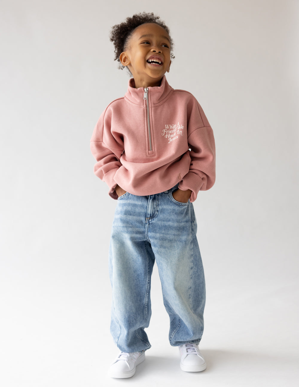 Kids' half-zip jacket by Elevated Faith featuring a "What a Friend in Jesus" graphic, soft fabric and comfortable fit.