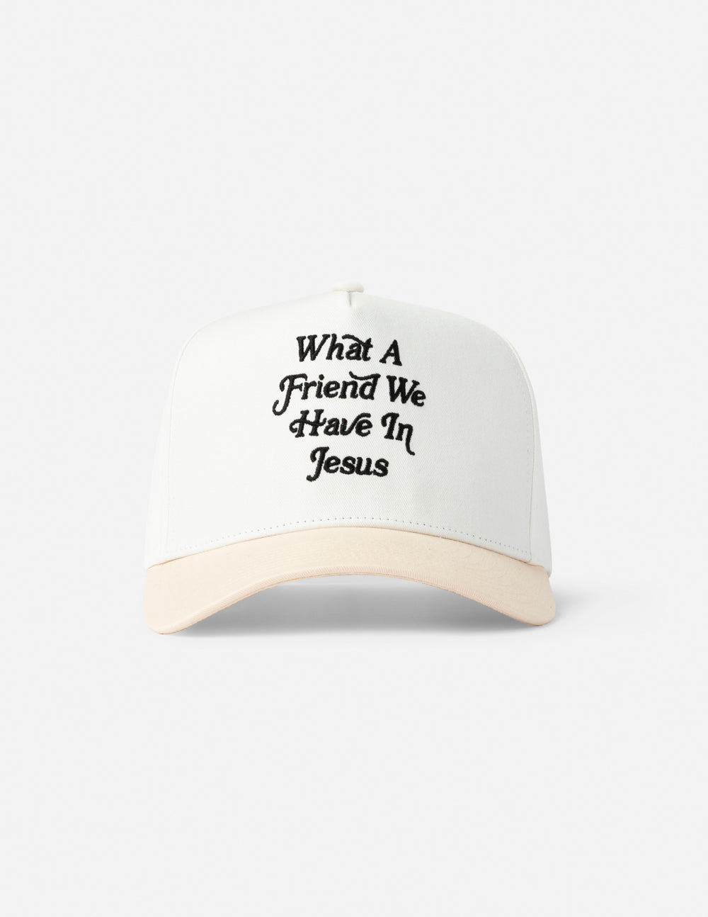 Elevated Faith trucker hat featuring "What a Friend in Jesus" design, casual cap with mesh back and adjustable strap.
