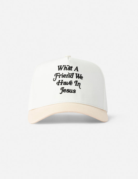 Elevated Faith trucker hat featuring "What a Friend in Jesus" design, casual cap with mesh back and adjustable strap.