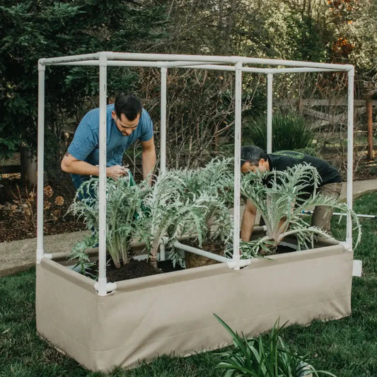 Fabric bed setup with Grassroots Fabric Pots Complete Kit on a living soil fabric bed for healthy plant growth.