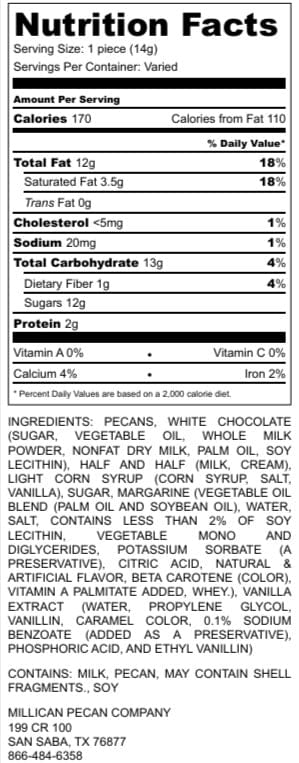 White Chocolate Caramillicans by Millican Pecan, individual pecan treats coated in white chocolate, shown on nutritional label.