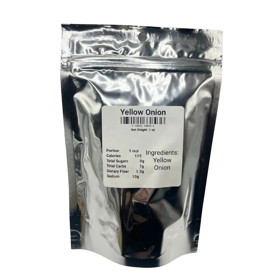 Freeze dried yellow onions from Wicked Good Foods, 1 oz package, showing the dried onion flakes in a clear container.