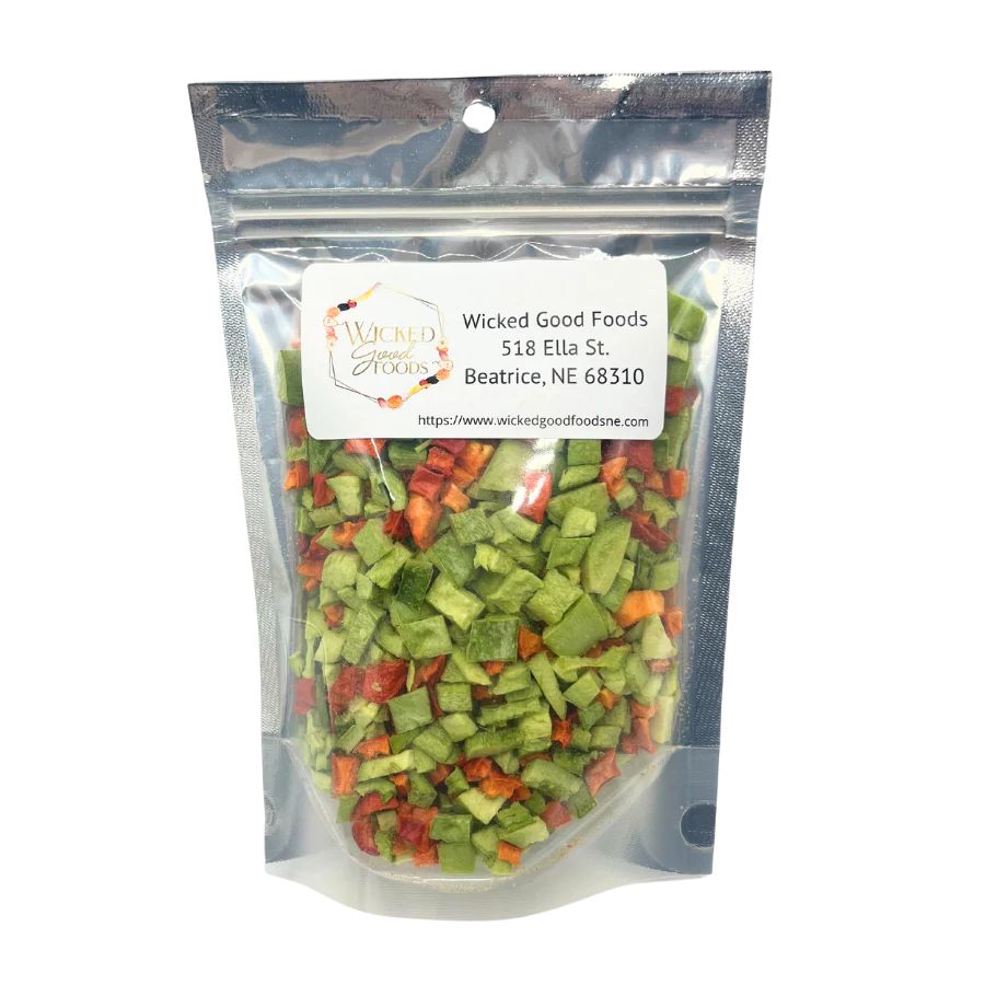 Freeze dried bell pepper medley by Wicked Good Foods, 1.5 oz, showing colorful slices of red, yellow, and green peppers.