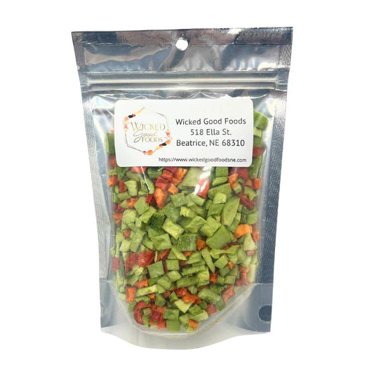 Freeze dried bell pepper medley in 1.5 oz package by Wicked Good Foods, colorful mix of red, yellow, and green peppers.