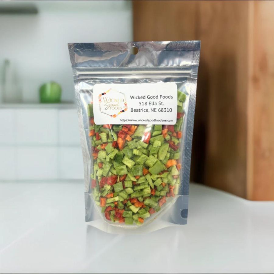 Freeze dried bell pepper medley in 1.5 oz package by Wicked Good Foods, colorful dried vegetable mix for cooking or snacking.