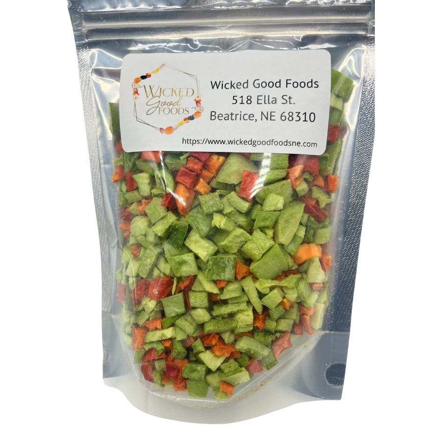 Freeze dried bell pepper medley by Wicked Good Foods, 1.5 oz package, colorful slices of dehydrated sweet peppers for snacking or cooking.