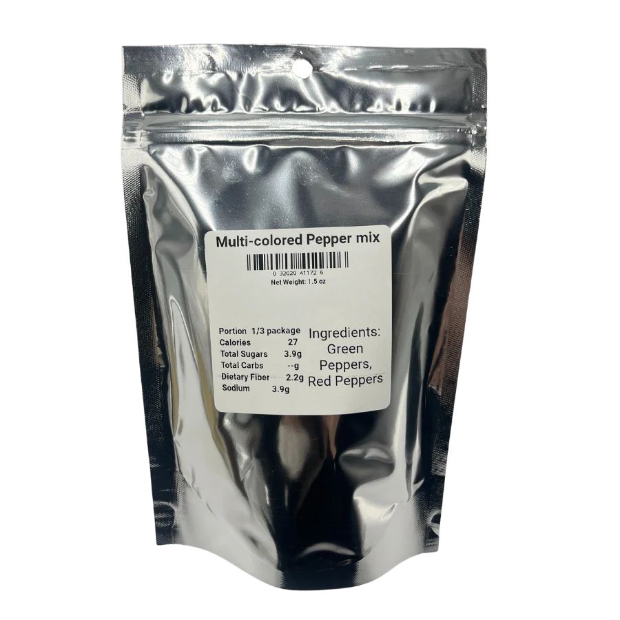 Freeze dried bell pepper medley from Wicked Good Foods, 1.5 oz, colorful dried bell peppers for cooking or snacking.