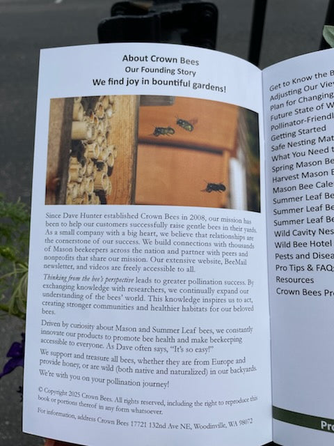 Interior page of the Wild Bee Guide, Fourth Edition by CrownBees, showing illustrations and information about wild bee species.