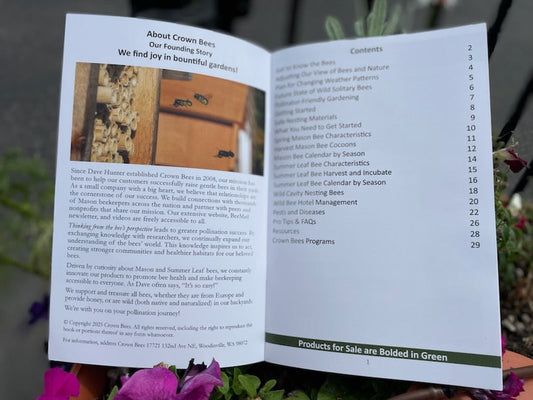 Table of contents page from the Wild Bee Guide, Fourth Edition by CrownBees, showing bee species and conservation information.