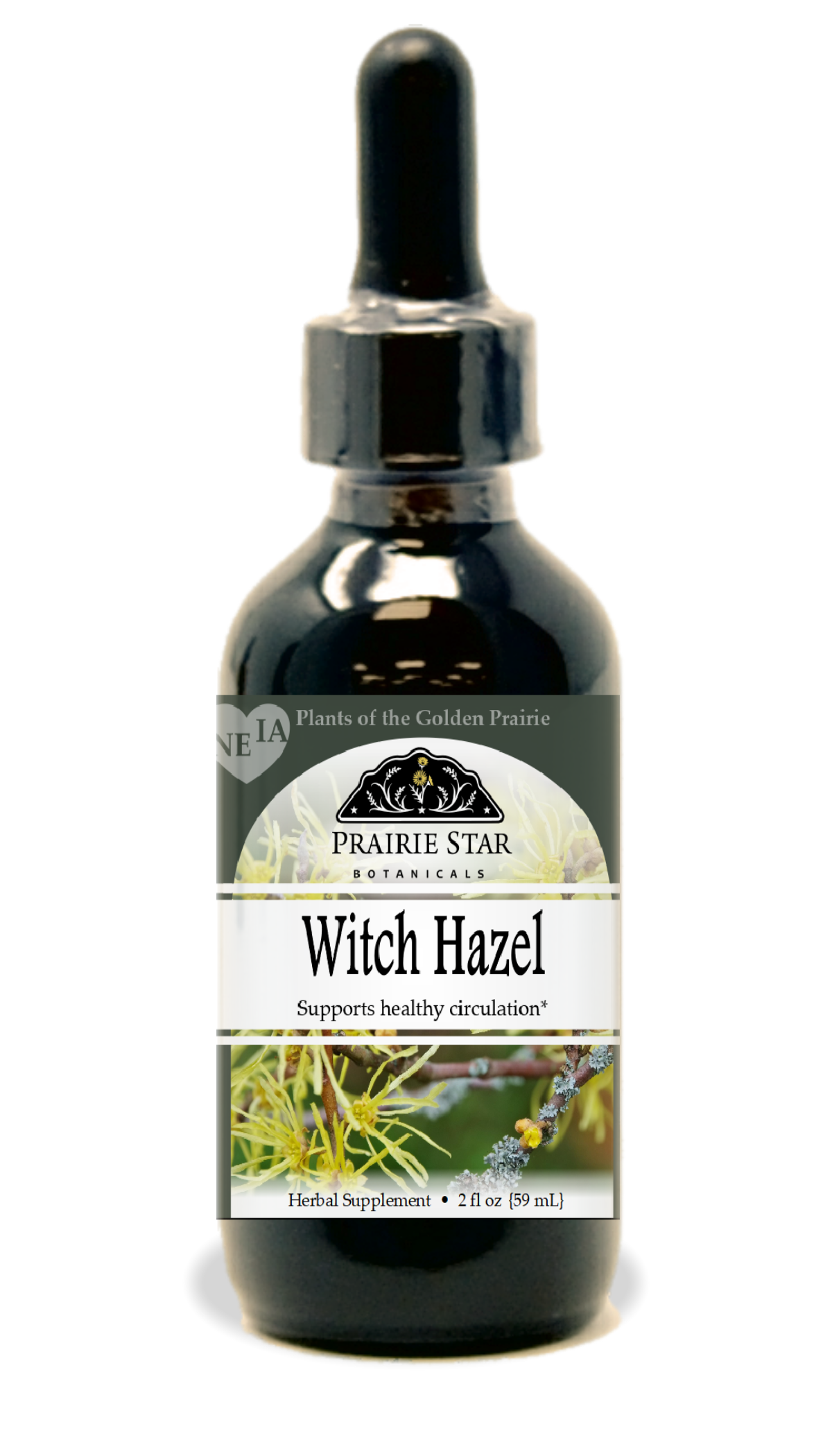 Bottle of Prairie Star Botanicals Witch Hazel singles in a clear glass container with a white label and dark cap.
