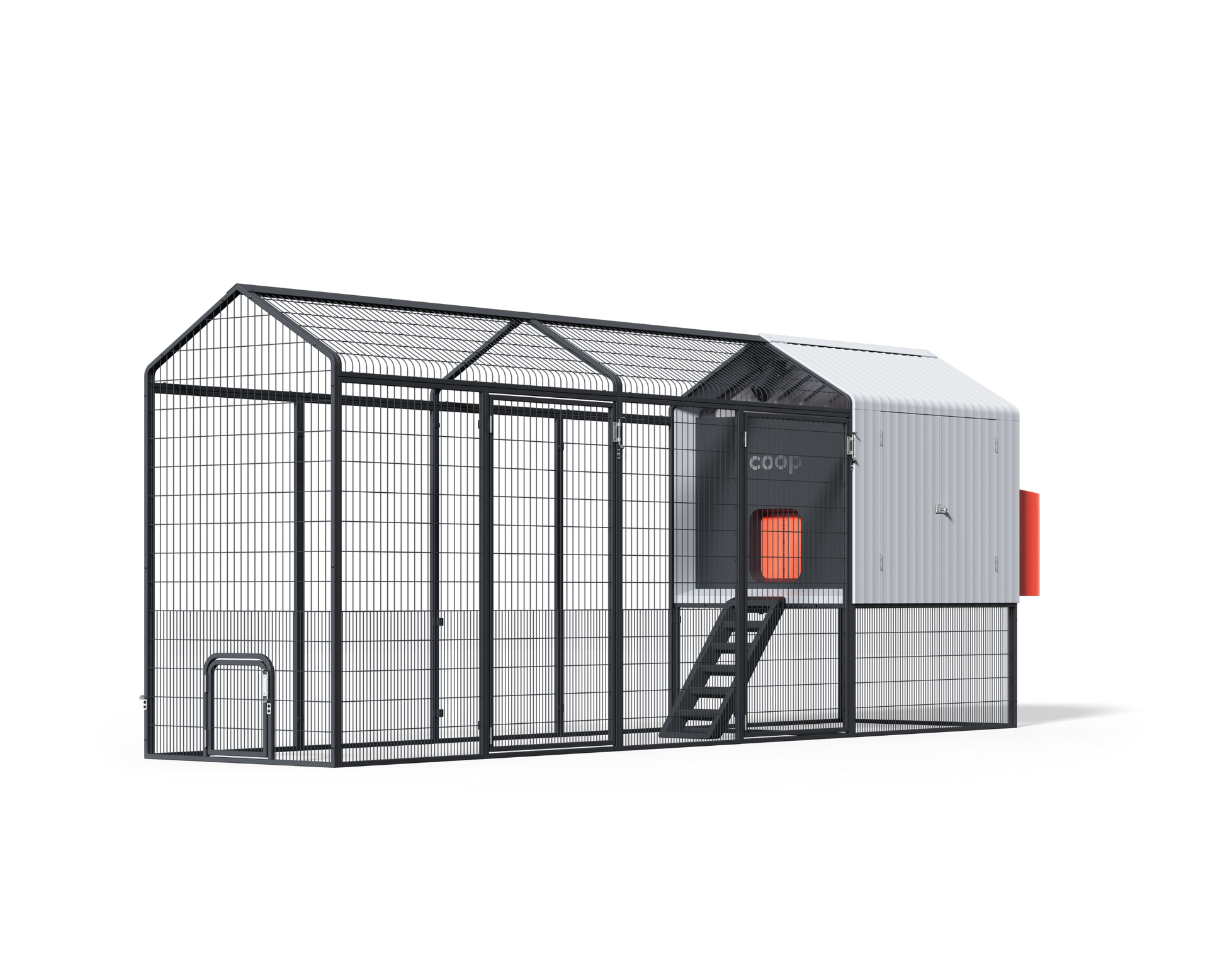Steel run for The Smart Coop chicken coop, large outdoor enclosure with sturdy metal panels and secure door for poultry safety.