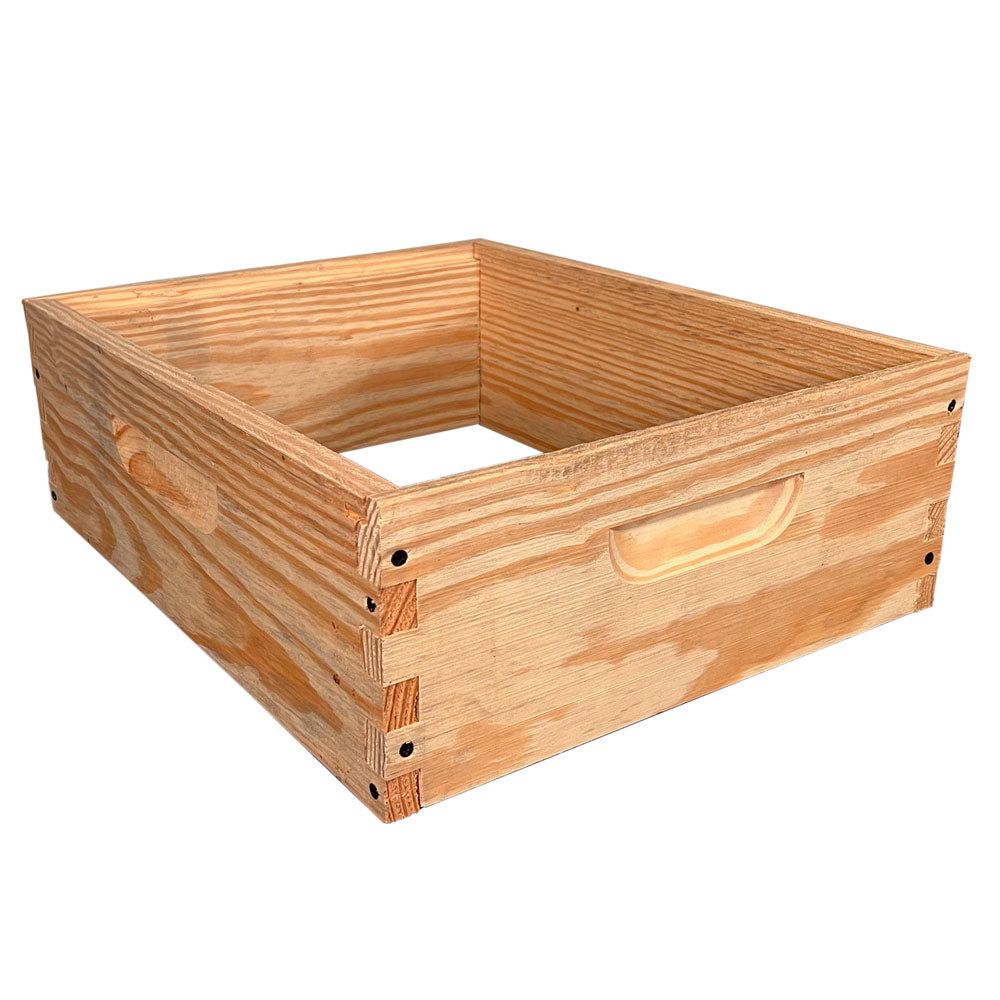 Galena Farms 10 Frame Medium Super Box for beekeeping, made of budget yellow pine, used hive part without frames.